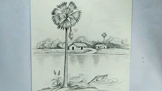 how to draw a village scenery  palmyra palm tree drawing [upl. by Atinrahs97]