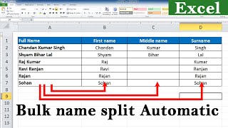 Split Full Name to First name Middle name and Last Name in Excel Bulk name split in excel formula [upl. by Lynden452]