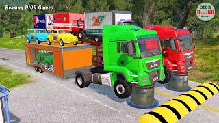 Double Flatbed Trailer Truck vs speed bumpsBusses vs speed bumpsBeamng Drive882 [upl. by Jeanette848]