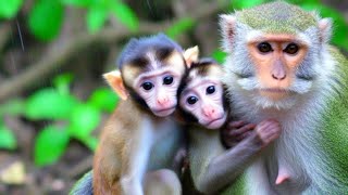 Poor Baby Monkey Shelter with Mom Under Rain Drop [upl. by Aron169]