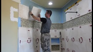 Part quot4quot How to tile shower walls with travertine Tiles and TLock Leveling system [upl. by Ynneh711]