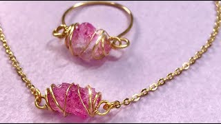 穴無し✨原石💕ワイヤーコイルラッピングブレスレットampリングの作り方💎トルマリン✨DIY Wire Coil wrapping Breslet [upl. by Naimerej]