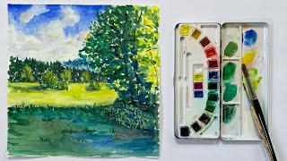 Aquarell malen lernen Teil 3 Die Grüntöne und eine einfache Landschaft malen absolute Anfänger [upl. by Alexandr]