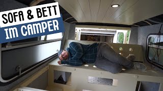 Unser Sofa  Bett im Camper  Perfekte Schlaflösung für unseren DIY Camper  Es wird gemütlich im J7 [upl. by Richter]