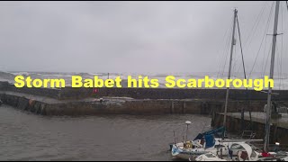 Storm Babet Scarborough Boats damaged trees down and sea foam everywhere [upl. by Novyar]