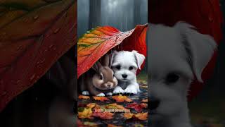 Puppy Meets Bunny Cozy Rainy Day Under a Leaf 🐶🐰 dog bunny cuteanimals [upl. by Culliton]