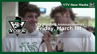 Friday March 1st 2024 YTV Daily Announcements [upl. by Euqor]