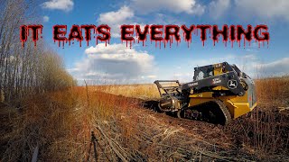 John Deere 333G skid steer mulching at the sod farm [upl. by Tiloine]