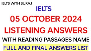 Ielts 05 October 2024 LISTENING answers with Reading passages name 05 October 2024 exam review [upl. by Salguod]