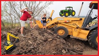 Backhoe for kids  Digging for toys and learning colors on the farm [upl. by Ttiwed]