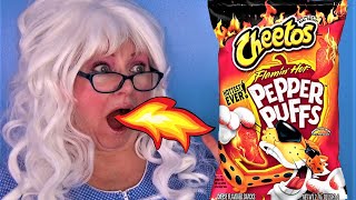 Cheetos Flamin Hot Challenge Pepper Puffs Crunch Cheesy Jalepeno Mexican Corn Granny McDonalds [upl. by Haseena]