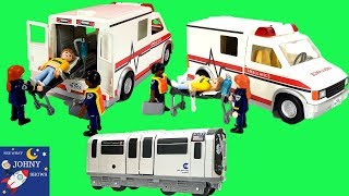 Johny Plays With Playmobil Ambulance Truck Toy amp Subway Train Ambulance For Kids [upl. by Diana]