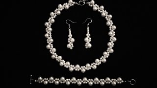 Beginners DIY jewelry pearl set Beaded necklace Beaded bracelet Beaded earrings [upl. by Lerrehs]