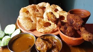 chicken curry and crunchy chicken eating with puri Indian desi food [upl. by Yuji493]