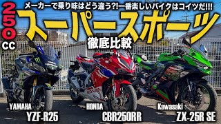 【徹底比較】 250ccスーパースポーツはどれが一番楽しい？実際に3台乗り比べて確かめてみた！Ninja ZX25R vs CBR250RR vs YZFR25！2気筒amp4気筒SS！【モトブログ】 [upl. by Ahsiyn408]