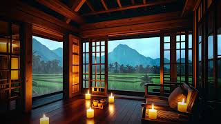 Cozy Cabin with Candlelight  Rain Sounds amp Serene Rice Fields  RelaxAndSleep SoothingRain [upl. by Adnolaj]