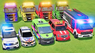 TRANSPORTING CARS POLICE CAR FIRE TRUCK AMBULANCE MONSTER TRUCKS OF COLORS Beamng Drive 044 [upl. by Elegna]