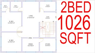 HOUSE PLAN DESIGN  EP 61  1026 SQUARE FEET 2 BEDROOMS HOUSE PLAN  LAYOUT PLAN [upl. by Yuri]