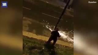 Moment man takes down surveillance camera with angle grinder [upl. by Salesin]