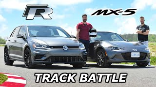 2019 Mazda MX5 vs VW Golf R  TRACK REVIEW  DRAG RACE amp LAP TIMES [upl. by Norrehc]