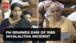 Jayalalithaas saree was pulled… Sitharaman reminds DMKs Kanimozhi of 1989 TN assembly incident [upl. by Naugal]