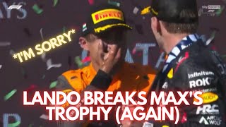 Hungarian Grand Prix 2023 PODIUM CELEBRATIONS • Lando Norris Champagne POP and breaks Maxs trophy [upl. by Yenffad]