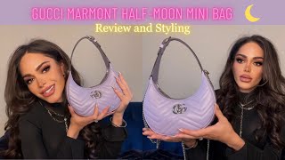 Gucci Marmont HalfMoon Shaped Mini Bag Review  Styling 💜🌙 [upl. by Kenney]