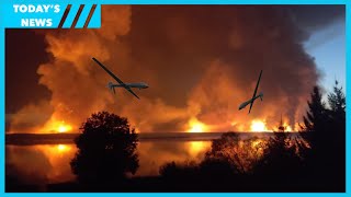 Ammunition depot on fire after drone attack in Russias Tver Oblast evacuations ongoing [upl. by Refinnaej]