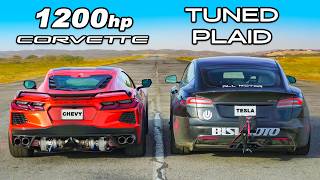 1200hp Corvette C8 v Model S Plaid DRAG RACE [upl. by Olwena]