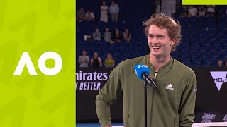 Alexander Zverev quotHes an emotional wreckquot 2R oncourt interview  Australian Open 2021 [upl. by Irrabaj]