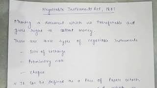 Negotiable Instruments Act  1881Meaningessential elements of Negotiable Instruments Class1 [upl. by Nylorac]