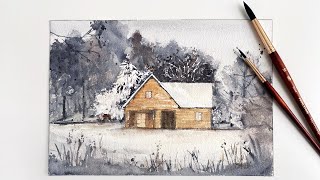 Winter Watercolor Cabin Landscape  Paint With Me Challenge December 2020 [upl. by Susannah]