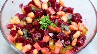 Salat in 5 Minuten Sehr einfacher und leckerer Rote Bete Salat mit Bohnen und Gewürzgurken vegan [upl. by Obla302]