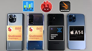 Snapdragon 888 vs Snapdragon 865 vs Exynos 2100 vs A14 Bionic  Geekbench 5 Antutu 3DMark [upl. by Aura]