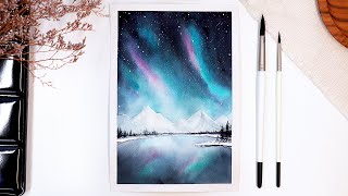 ❄️ Northern Lights Watercolor Painting Tutorial  Winter Landscape [upl. by Ahsatin781]