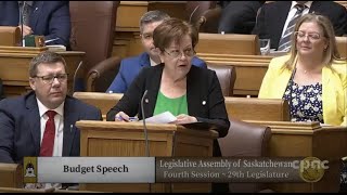 Saskatchewan Finance Minister Donna Harpauer presents 2024 budget – March 20 2024 [upl. by Ahsiekal185]