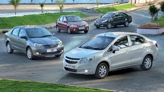 Chevrolet Sail Vs Toyota Etios Vs Tata Manza Vs Mahindra Verito  Comparison Test  Autocar India [upl. by Strenta900]