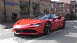 Supercars in Alderley Edge April 2022 sf90 x2 db5 aventador roadster m4 gts m140i crash [upl. by Nnyleuqaj]