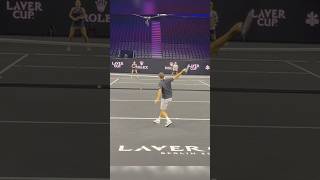 Roger Federer hitting the ball at the Laver Cup Wilson event to present the RF 01 racket tennis [upl. by Cerell637]