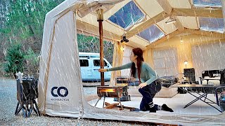 Awesome 2 Room inflatable tent with hot woodstove cozy Camping in the rain ASMR [upl. by Eceela]