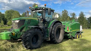 Cab View  John Deere 6215  John Deere c440R baler  Baling silage [upl. by Enerod]