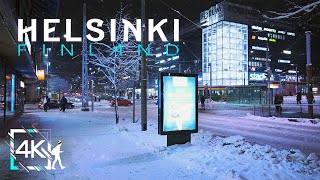 Central Helsinki Relaxing Night Walk in Snowy Winter Finland 4K [upl. by Einnal503]