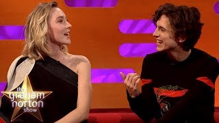 Saoirse Ronan amp Timothée Chalamet Joke About Pronouncing Timothée Chalamet [upl. by Kinnon]