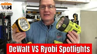 DEWALT DCL043 20V MAX Jobsite LED Spotlight VS Ryobi p717 One 18V LED Spotlight  Weekend Handyman [upl. by Ybocaj533]