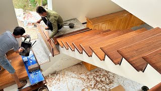 How To Building Wooden Stair Railing  Wood Worker Install Wooden Stair Handrail In The New House [upl. by Llirrem]