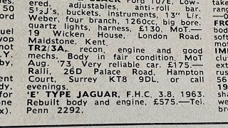 January 1973 uk used car ads  cheap Jaguar E type [upl. by Aleydis43]