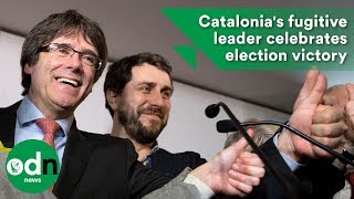 Catalonias fugitive leader celebrates election victory [upl. by Hoseia]