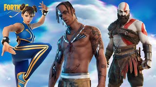 TRAVIS SCOTT KRATOS AND CHUNLI RETURN TO FORTNITE THIS CHAPTER 2 REMIX TO FORTNITE Travis scot skin [upl. by Nnylyma184]