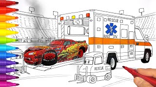 Lightning McQueens Crash Ambulance to the Rescue Cars 3 Behind The Scene Drawing amp Coloring Pages [upl. by Kenton]