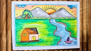 How to draw Beautiful Village SceneryEasy Scenery Drawing Drawing Easy Drawing Pragati Art Art [upl. by Eus689]